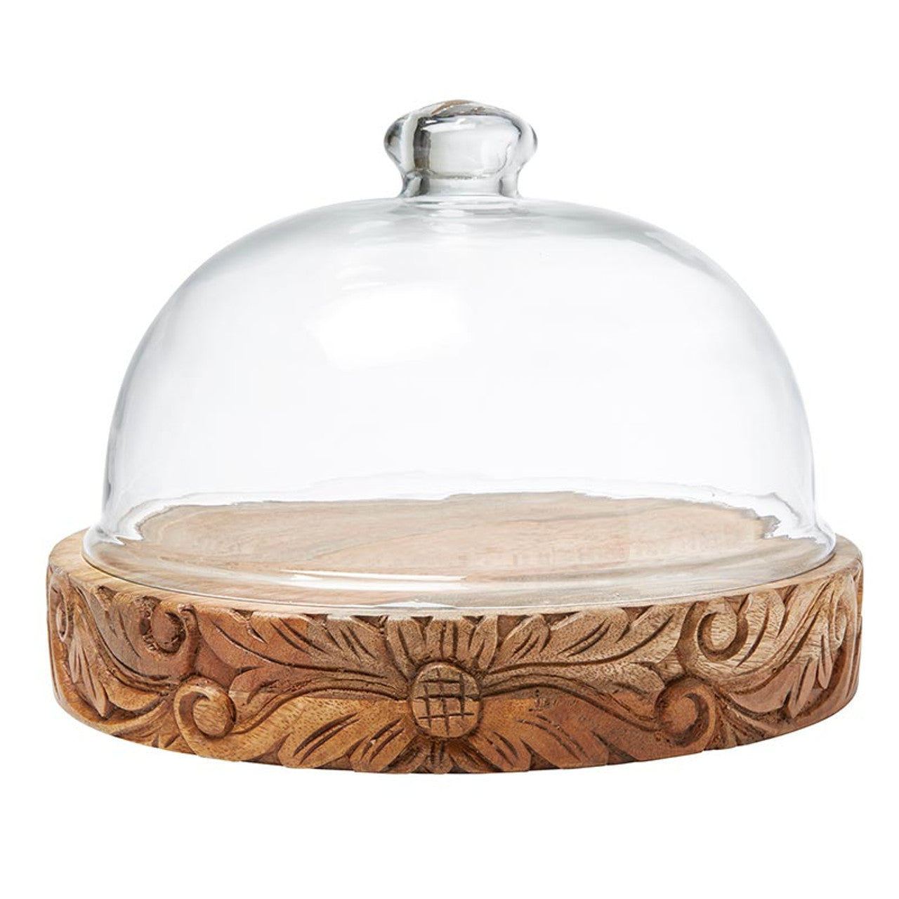 Hand Carved Mango Wood Tray with Glass Dome