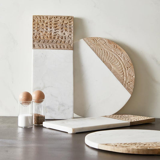 Marble & Carved Mango Wood Serving Trays